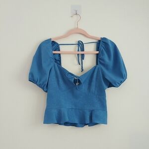 BCBGeneration Blue Puff Sleeve Tie Front Blouse